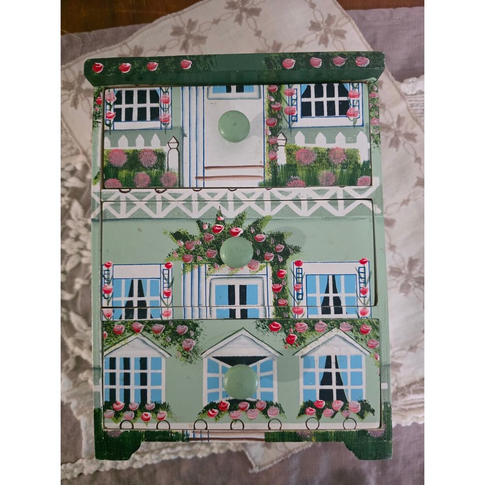 Vintage Milson & Louis Miniature Cottage Hand Painted Chest Drawer Jewelry Box